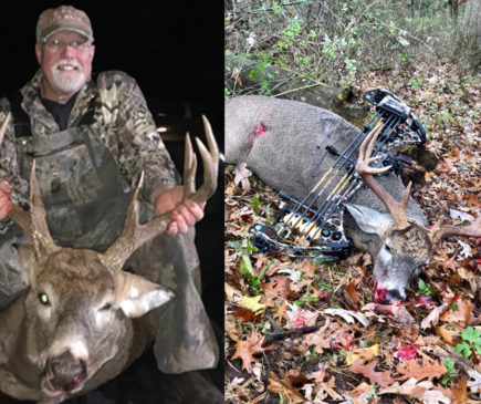 hunter posing with deer and dead deer next to bow