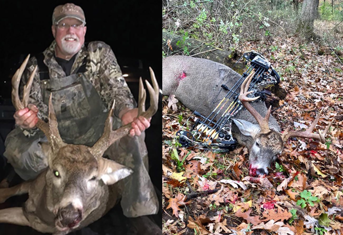 hunter posing with deer and dead deer next to bow