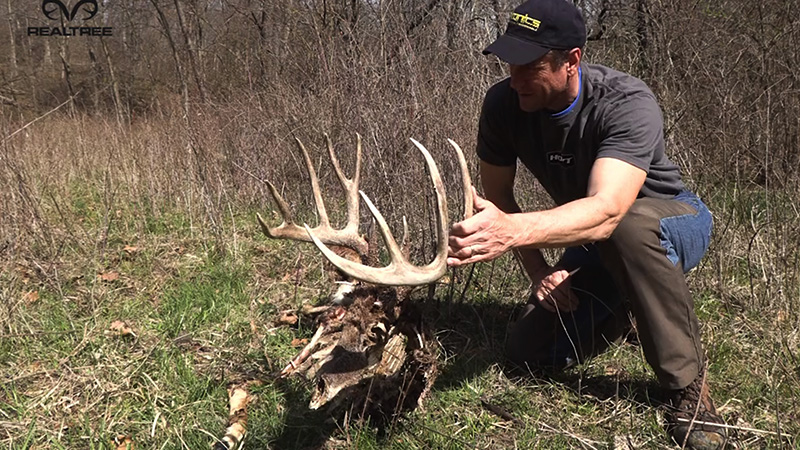 man posing with buck skull